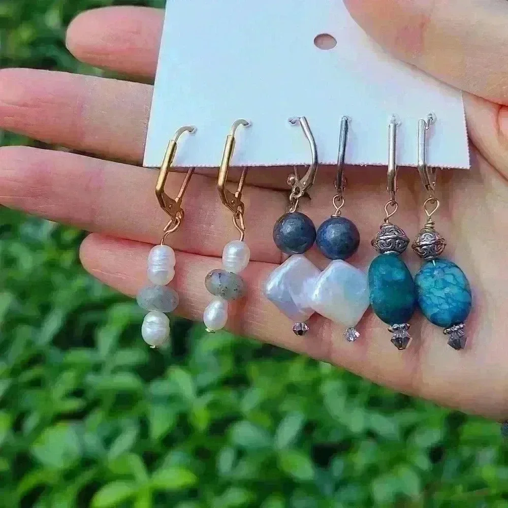 Vintage artisan handcrafted Dangl stones mothers of pearl turquoise earrings lot - Picture 9 of 12